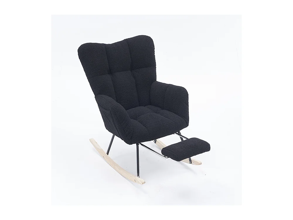 Fauteuil à bascule moderne rembourrage tissu Teddy repose-pieds coulissant noir