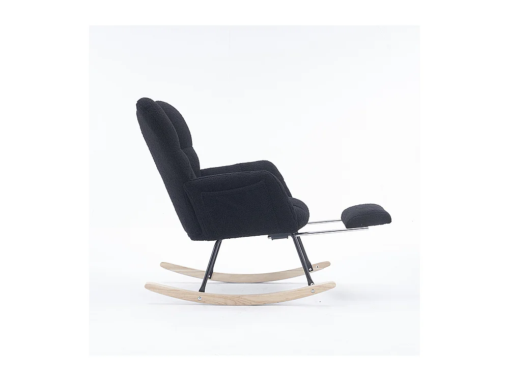 Fauteuil à bascule moderne rembourrage tissu Teddy repose-pieds coulissant noir
