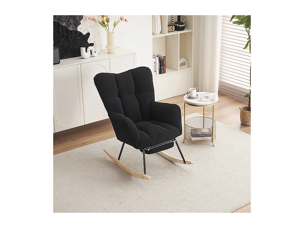 Fauteuil à bascule moderne rembourrage tissu Teddy repose-pieds coulissant noir