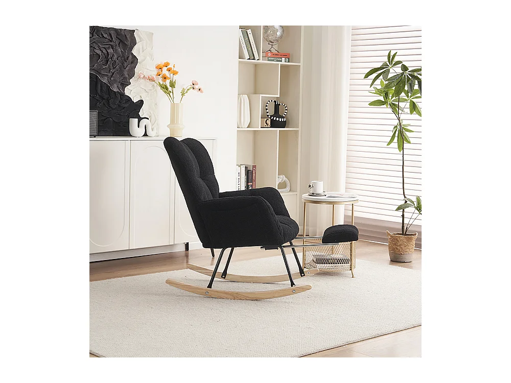 Fauteuil à bascule moderne rembourrage tissu Teddy repose-pieds coulissant noir