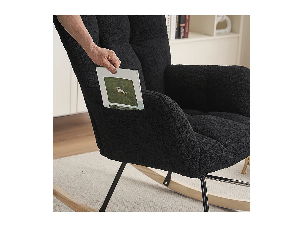 Fauteuil à bascule moderne rembourrage tissu Teddy repose-pieds coulissant noir