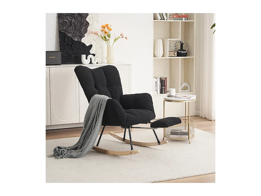 Fauteuil à bascule moderne rembourrage tissu Teddy repose-pieds coulissant noir