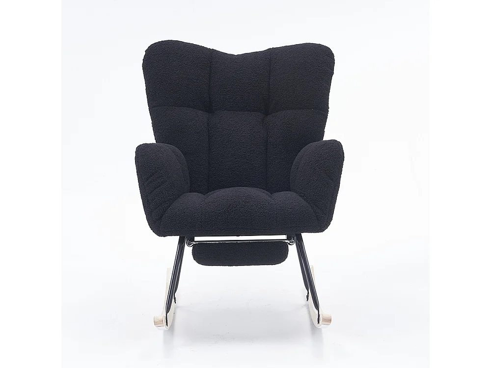 Fauteuil à bascule moderne rembourrage tissu Teddy repose-pieds coulissant noir