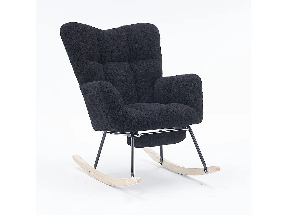 Fauteuil à bascule moderne rembourrage tissu Teddy repose-pieds coulissant noir