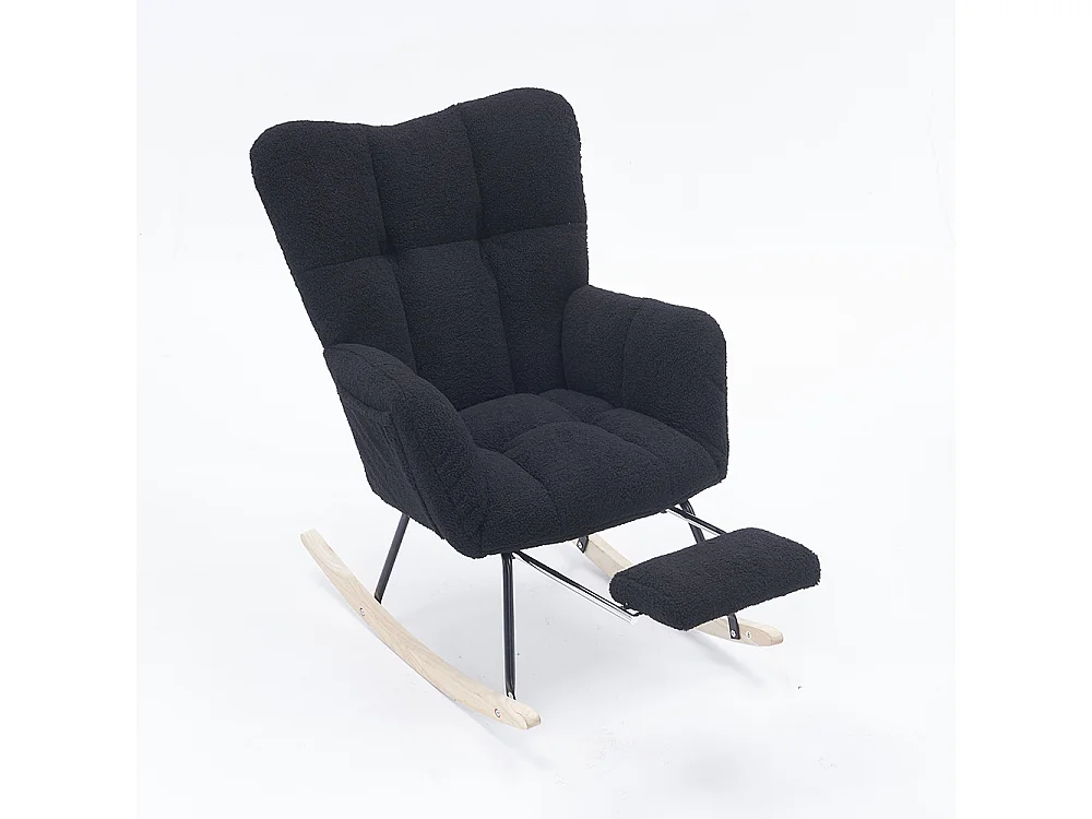 Fauteuil à bascule moderne rembourrage tissu Teddy repose-pieds coulissant noir