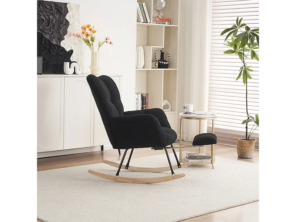 Fauteuil à bascule moderne rembourrage tissu Teddy repose-pieds coulissant noir