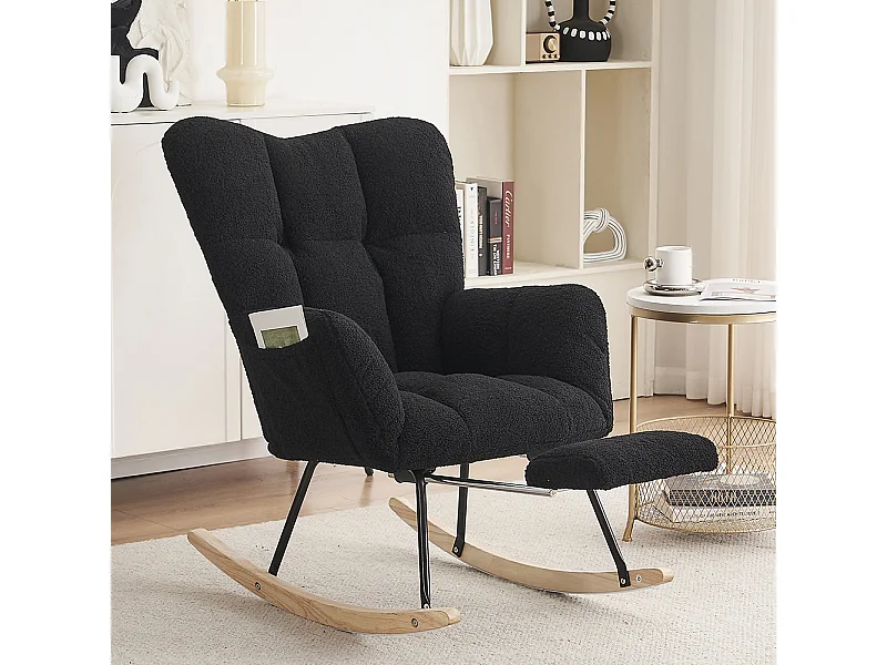 Fauteuil à bascule moderne rembourrage tissu Teddy repose-pieds coulissant noir