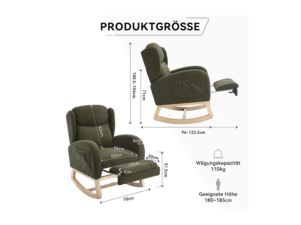 Fauteuil à bascule allaitement lounge structure bois repose-pieds réglable dossier haut Teddy poche appoint chambre salon vert