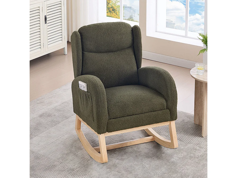 Fauteuil à bascule allaitement lounge structure bois repose-pieds réglable dossier haut Teddy poche appoint chambre salon vert