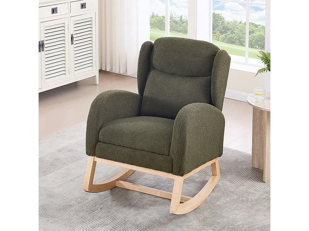 Fauteuil à bascule allaitement lounge structure bois repose-pieds réglable dossier haut Teddy poche appoint chambre salon vert