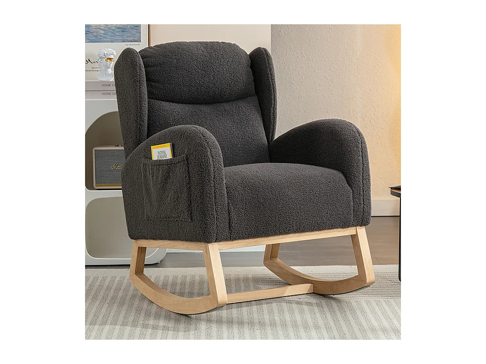 Fauteuil à bascule moderne revêtement tissu Teddy à oreilles assise rembourrée salon chambre gris foncé