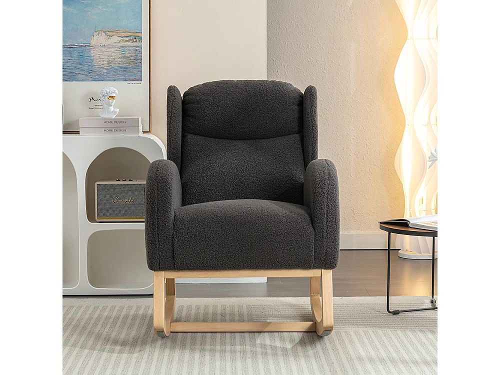 Fauteuil à bascule moderne revêtement tissu Teddy à oreilles assise rembourrée salon chambre gris foncé