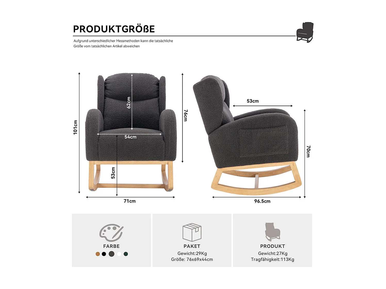 Fauteuil à bascule moderne revêtement tissu Teddy à oreilles assise rembourrée salon chambre gris foncé