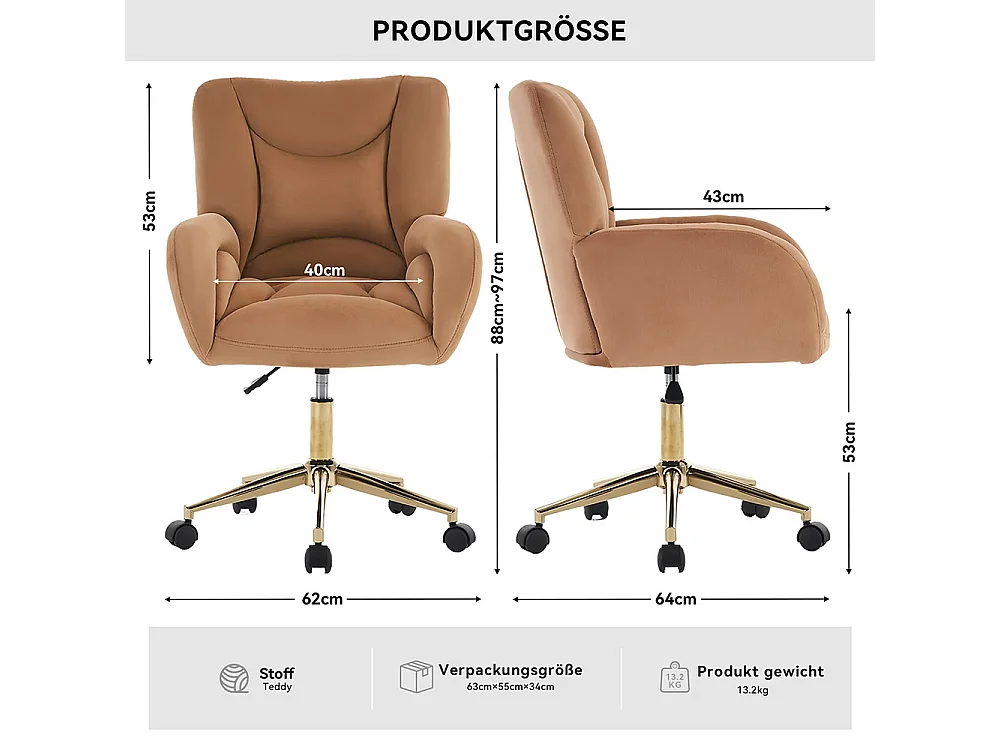Chaise bureau velours pivotante réglable hauteur bureau domicile pieds dorés marron