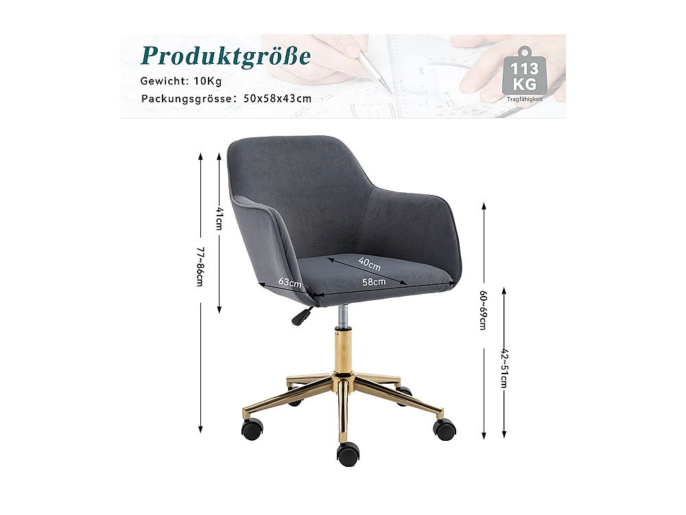 Chaise bureau pivotante réglable hauteur velours bureau intérieur pieds dorés gris