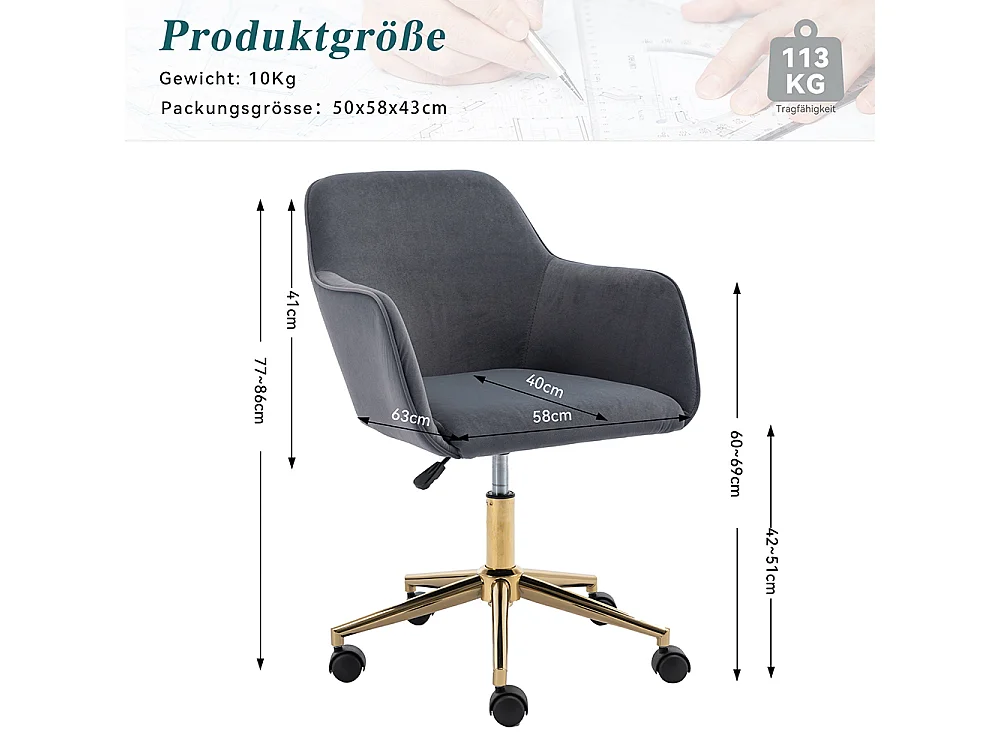 Chaise bureau pivotante réglable hauteur velours bureau intérieur pieds dorés gris
