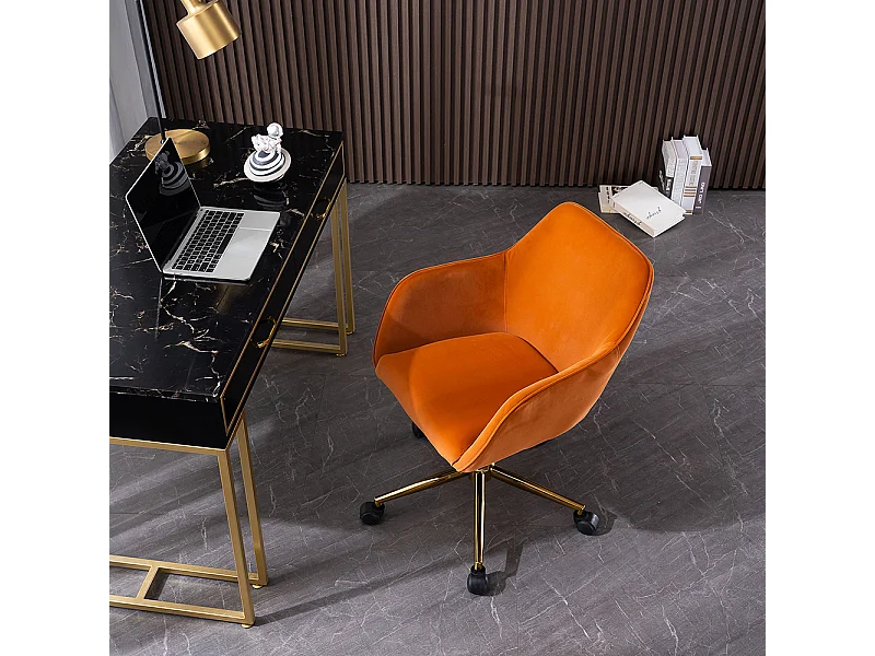 Chaise bureau pivotante réglable hauteur velours bureau intérieur pieds dorés orange