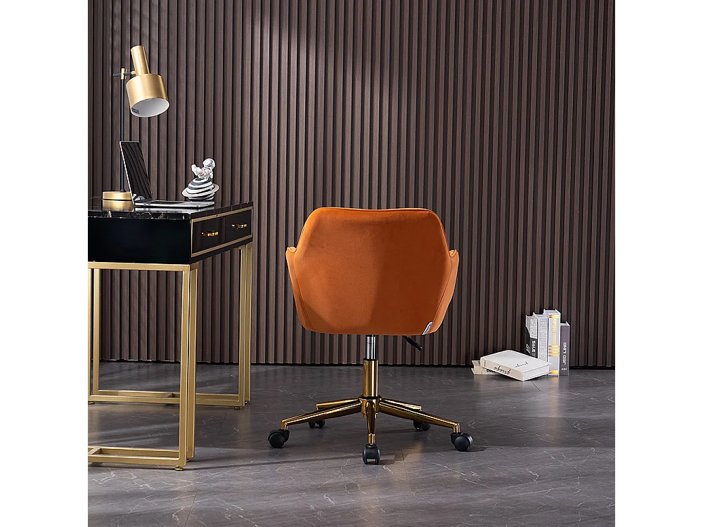 Chaise bureau pivotante réglable hauteur velours bureau intérieur pieds dorés orange