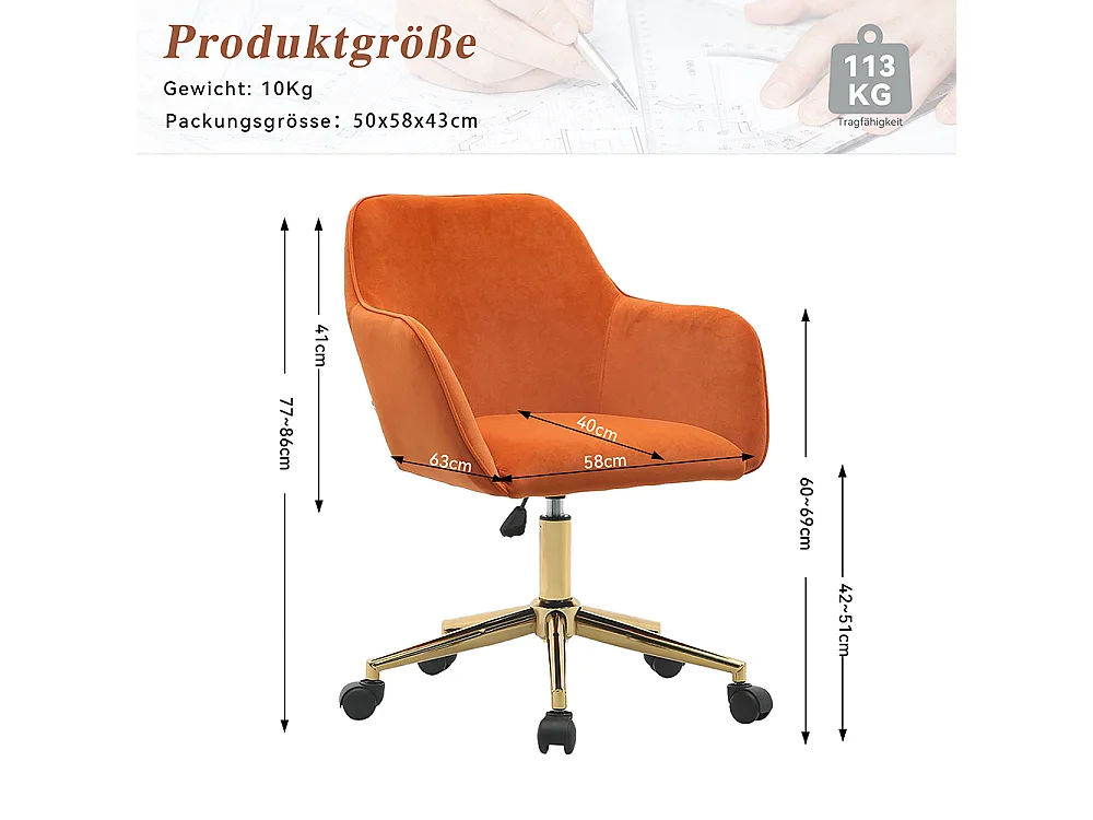 Chaise bureau pivotante réglable hauteur velours bureau intérieur pieds dorés orange