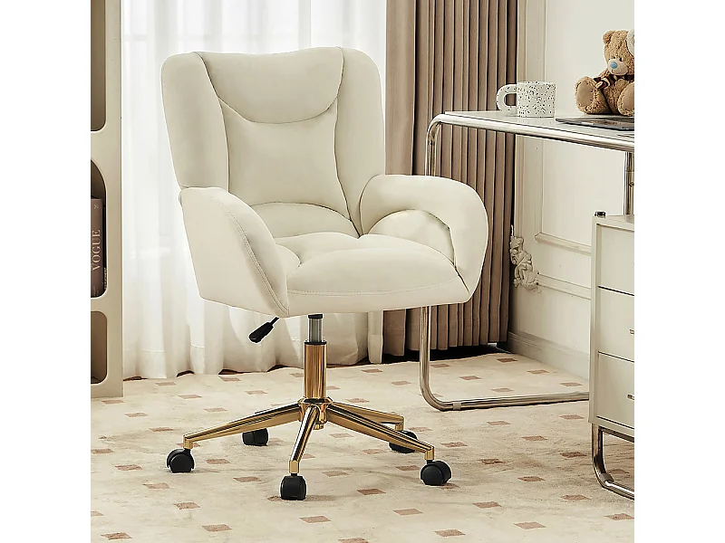Chaise bureau velours pivotante réglable hauteur bureau intérieur pieds dorés ivoire