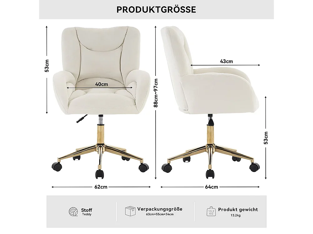 Chaise bureau velours pivotante réglable hauteur bureau intérieur pieds dorés ivoire