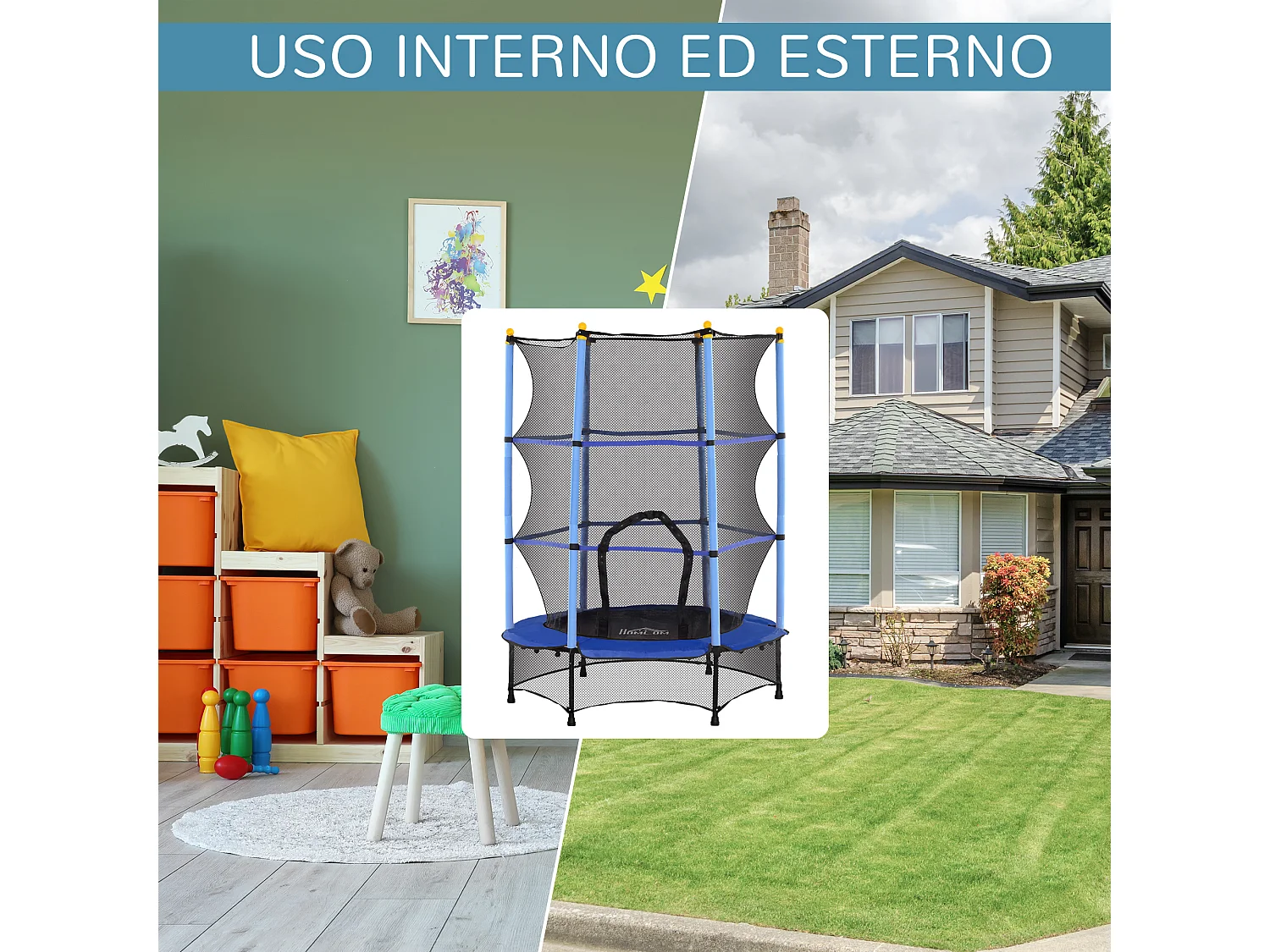 Tappeto elastico per bambini 3-10 anni e rete di sicurezza ø140cm blu