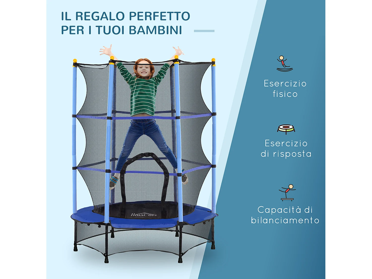 Tappeto elastico per bambini 3-10 anni e rete di sicurezza ø140cm blu