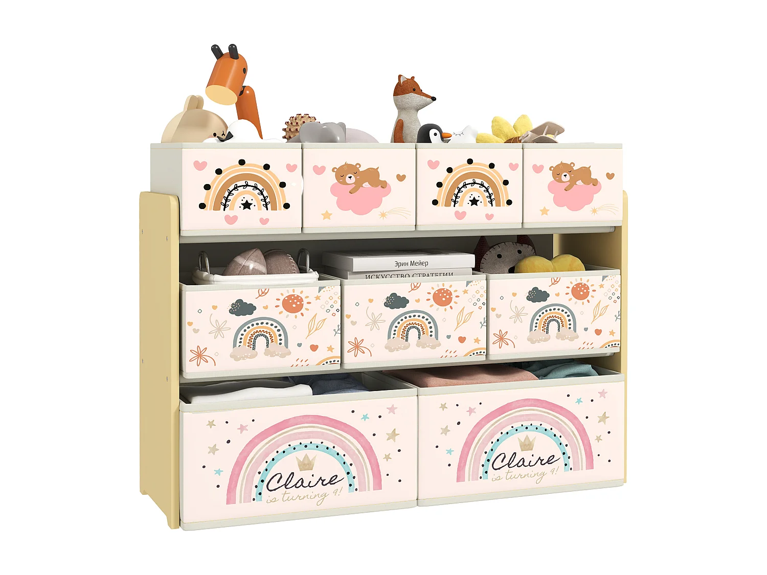 Mobile portagiochi 3 livelli con 9 contenitori in tessuto giallo