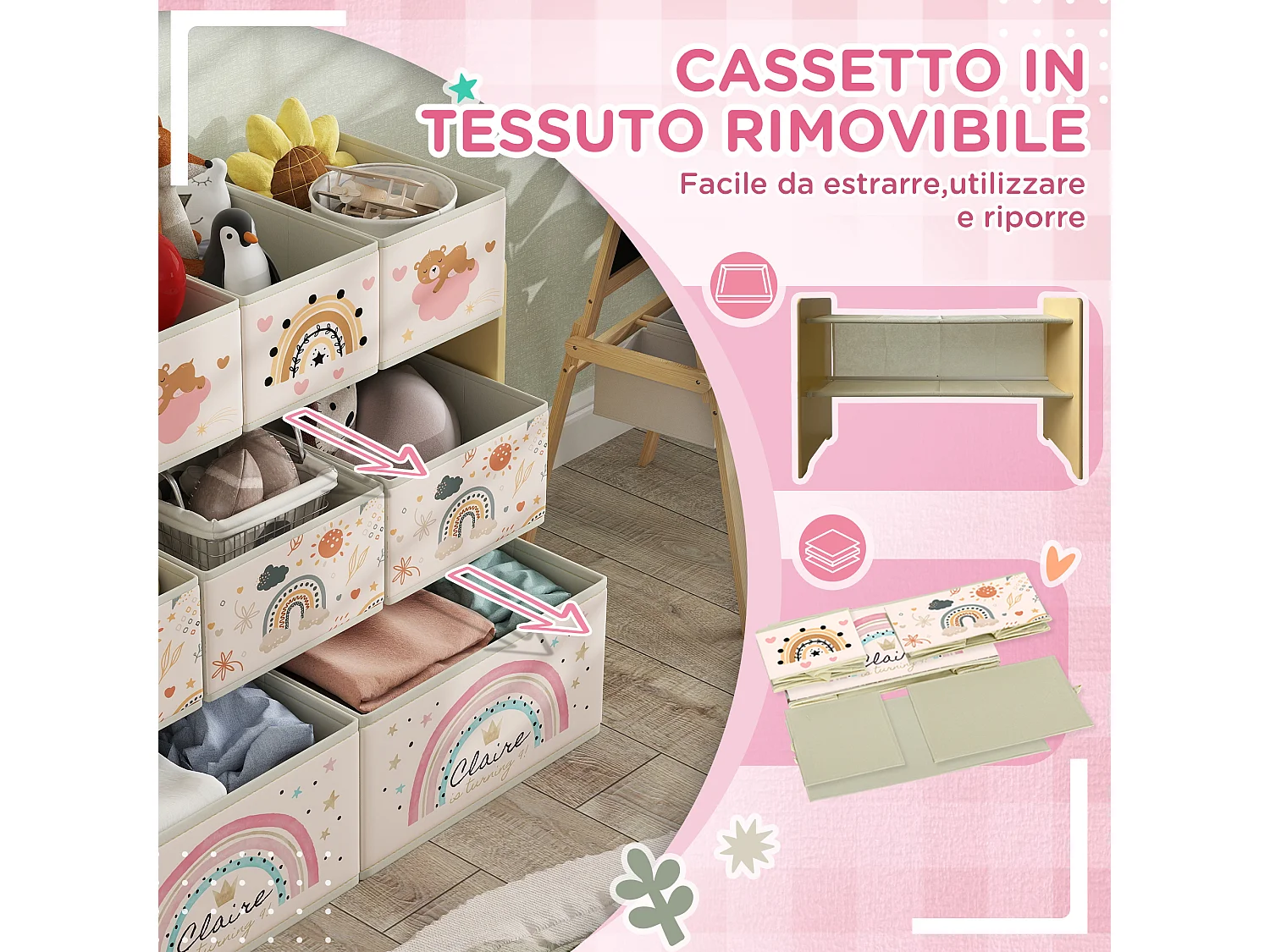 Mobile portagiochi 3 livelli con 9 contenitori in tessuto giallo