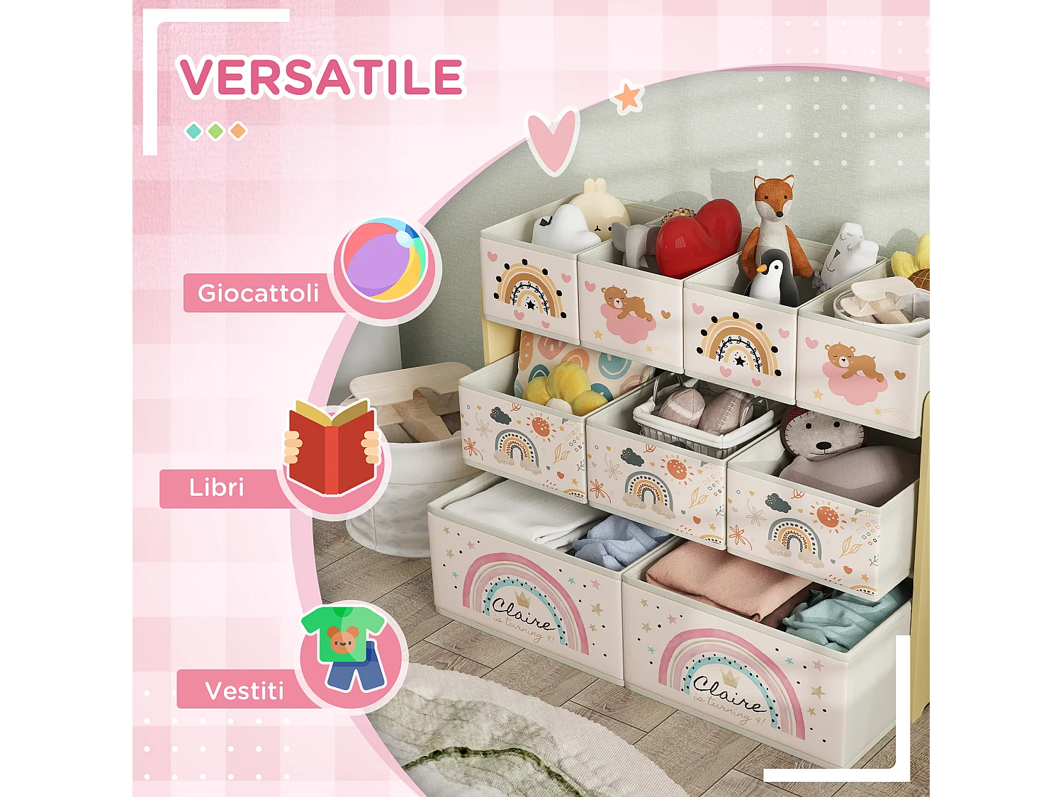 Mobile portagiochi 3 livelli con 9 contenitori in tessuto giallo