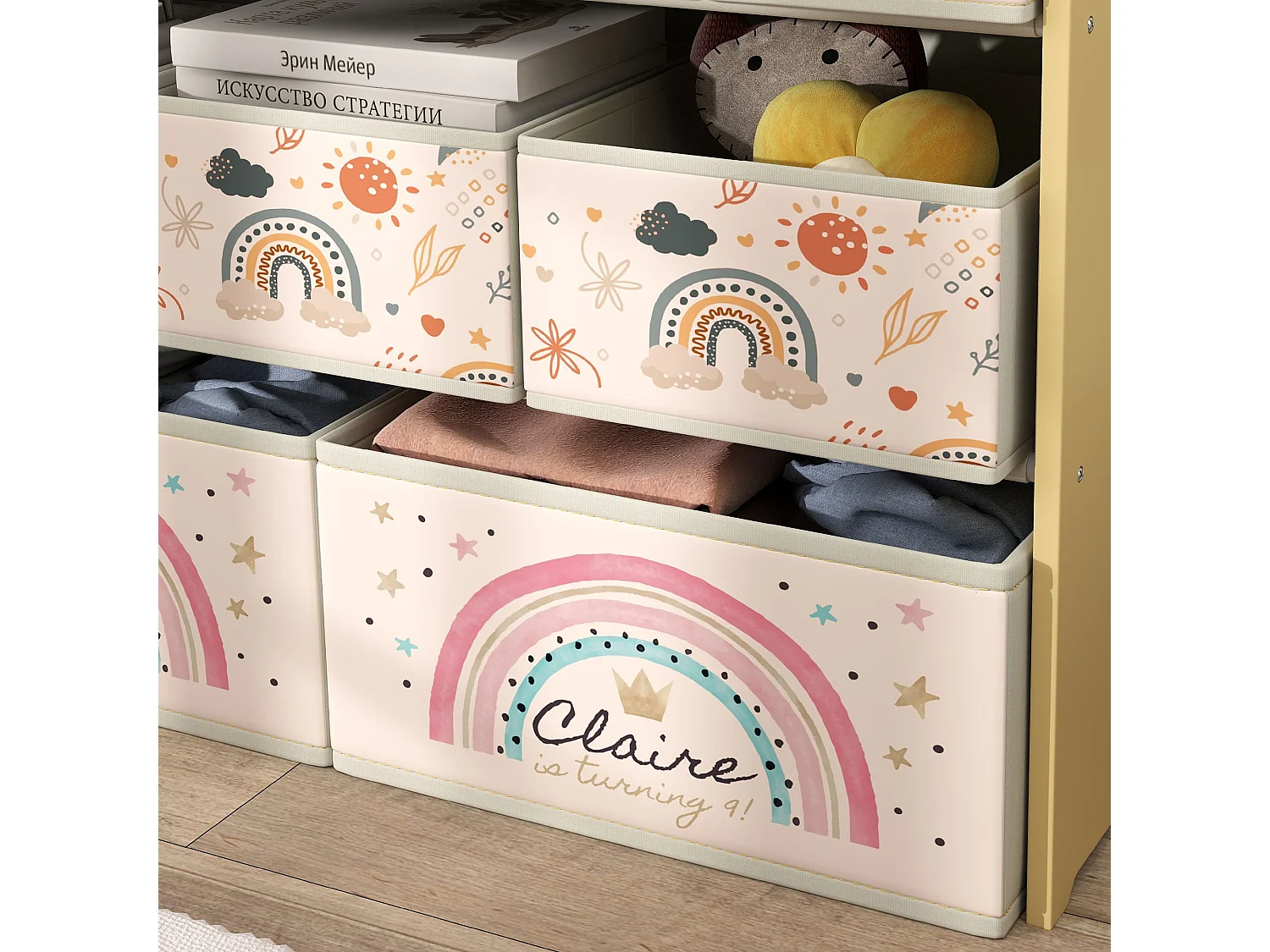 Mobile portagiochi 3 livelli con 9 contenitori in tessuto giallo