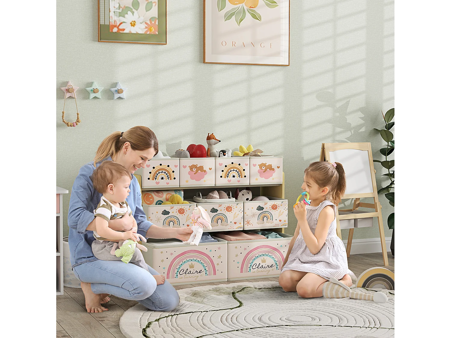 Mobile portagiochi 3 livelli con 9 contenitori in tessuto giallo