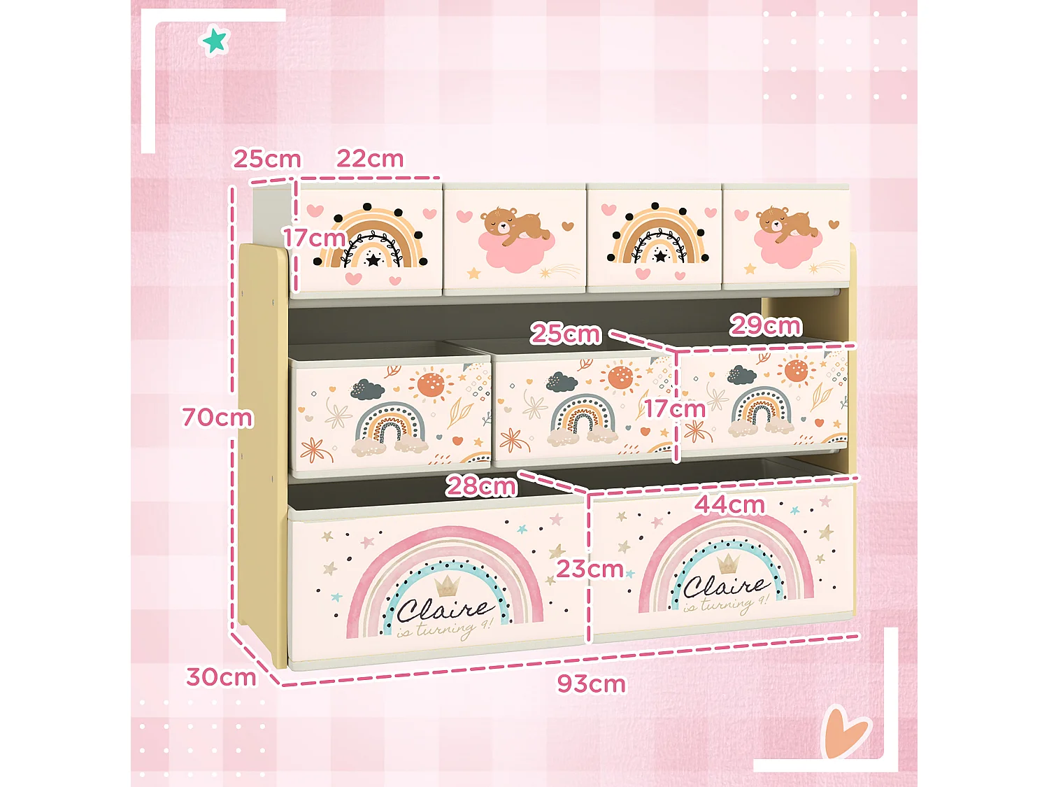 Mobile portagiochi 3 livelli con 9 contenitori in tessuto giallo