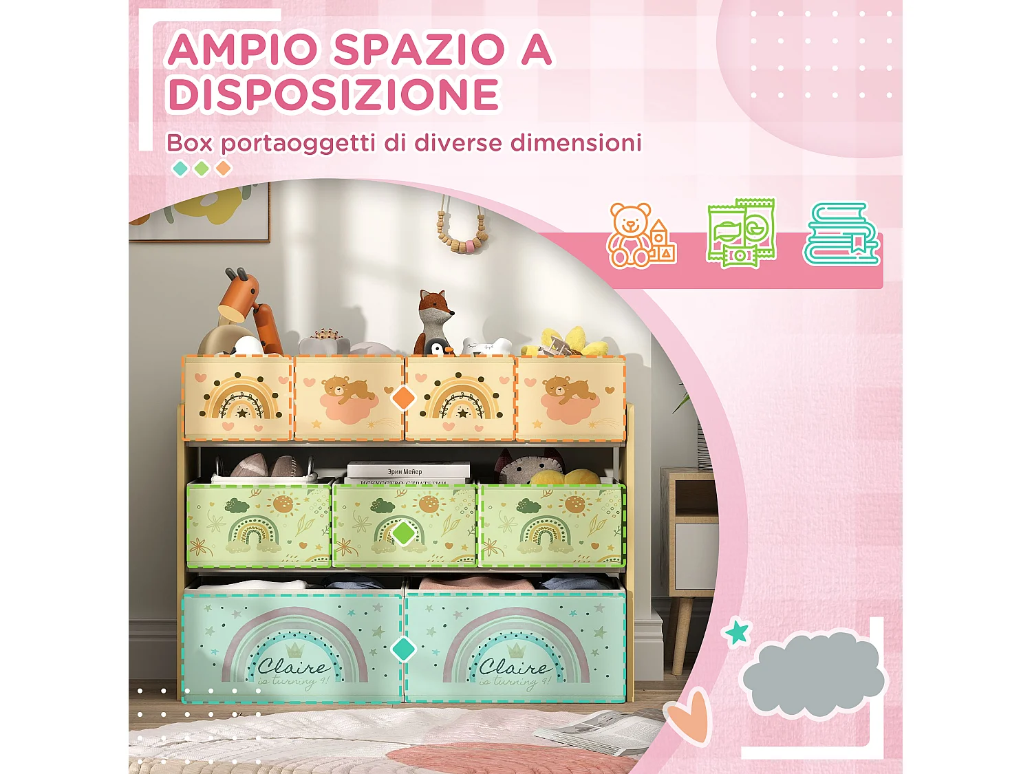 Mobile portagiochi 3 livelli con 9 contenitori in tessuto giallo