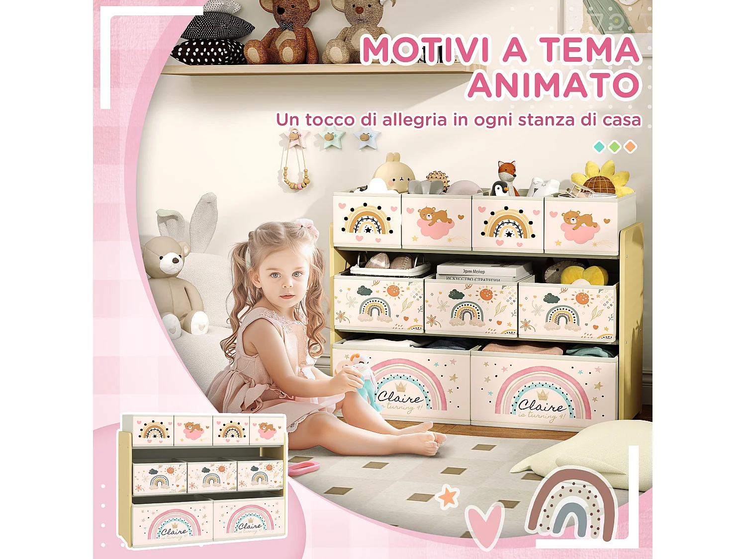 Mobile portagiochi 3 livelli con 9 contenitori in tessuto giallo