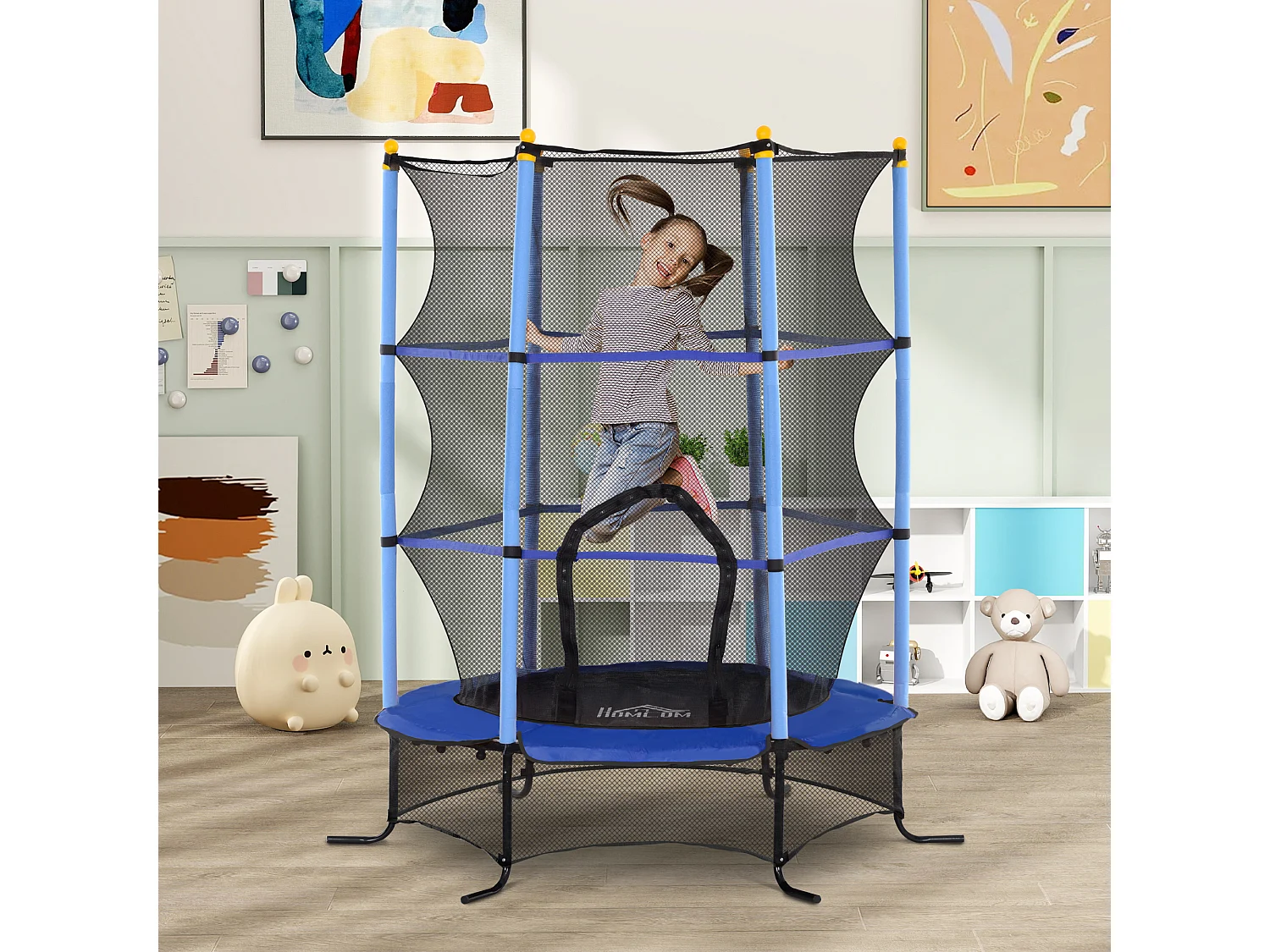 Trampolino elastico per bambini 3-10 anni con rete di sicurezza blu