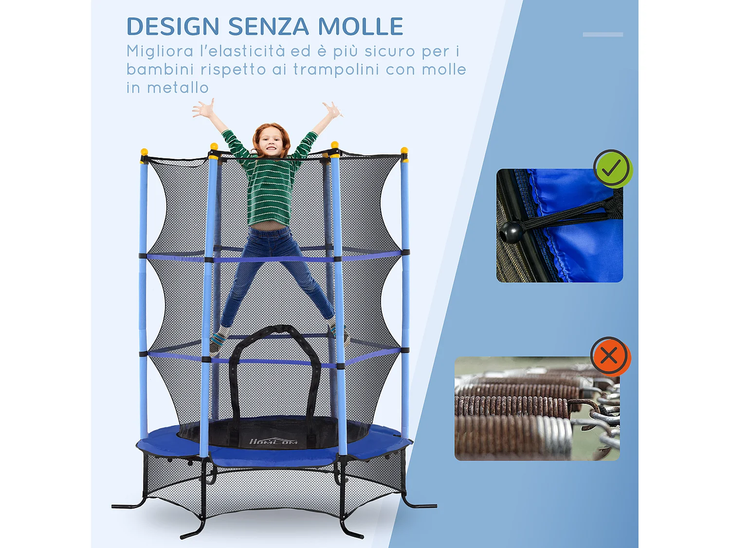 Trampolino elastico per bambini 3-10 anni con rete di sicurezza blu