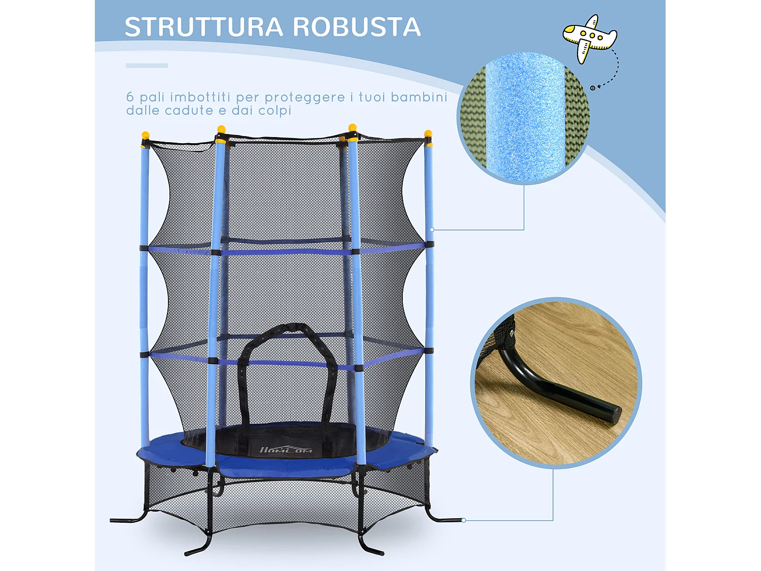 Trampolino elastico per bambini 3-10 anni con rete di sicurezza blu