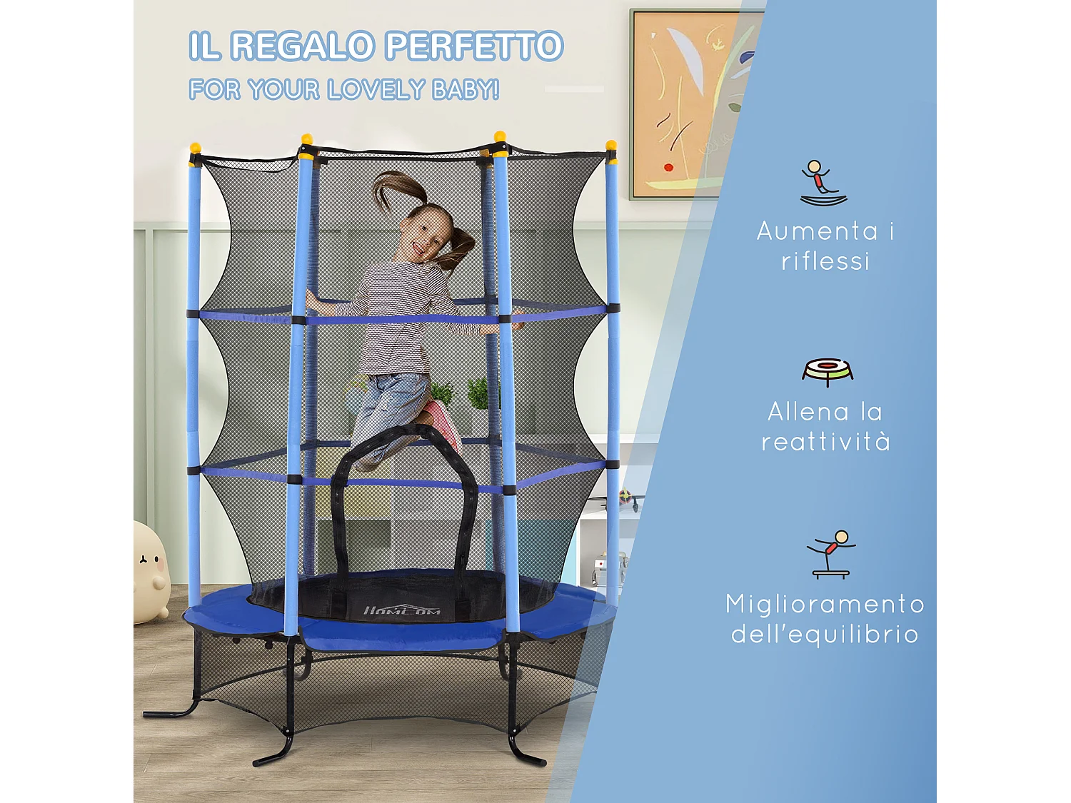 Trampolino elastico per bambini 3-10 anni con rete di sicurezza blu