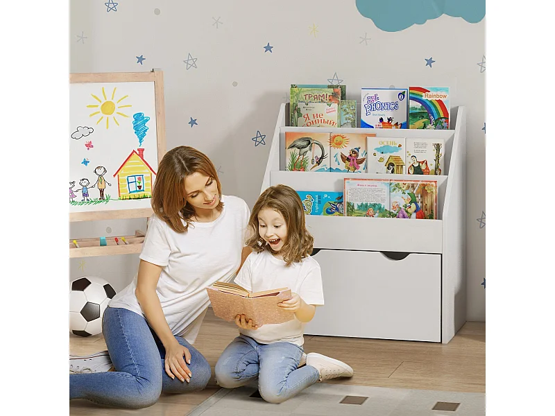 Libreria per bambini a 3 ripiani con cassetto inferiore in mdf bianco