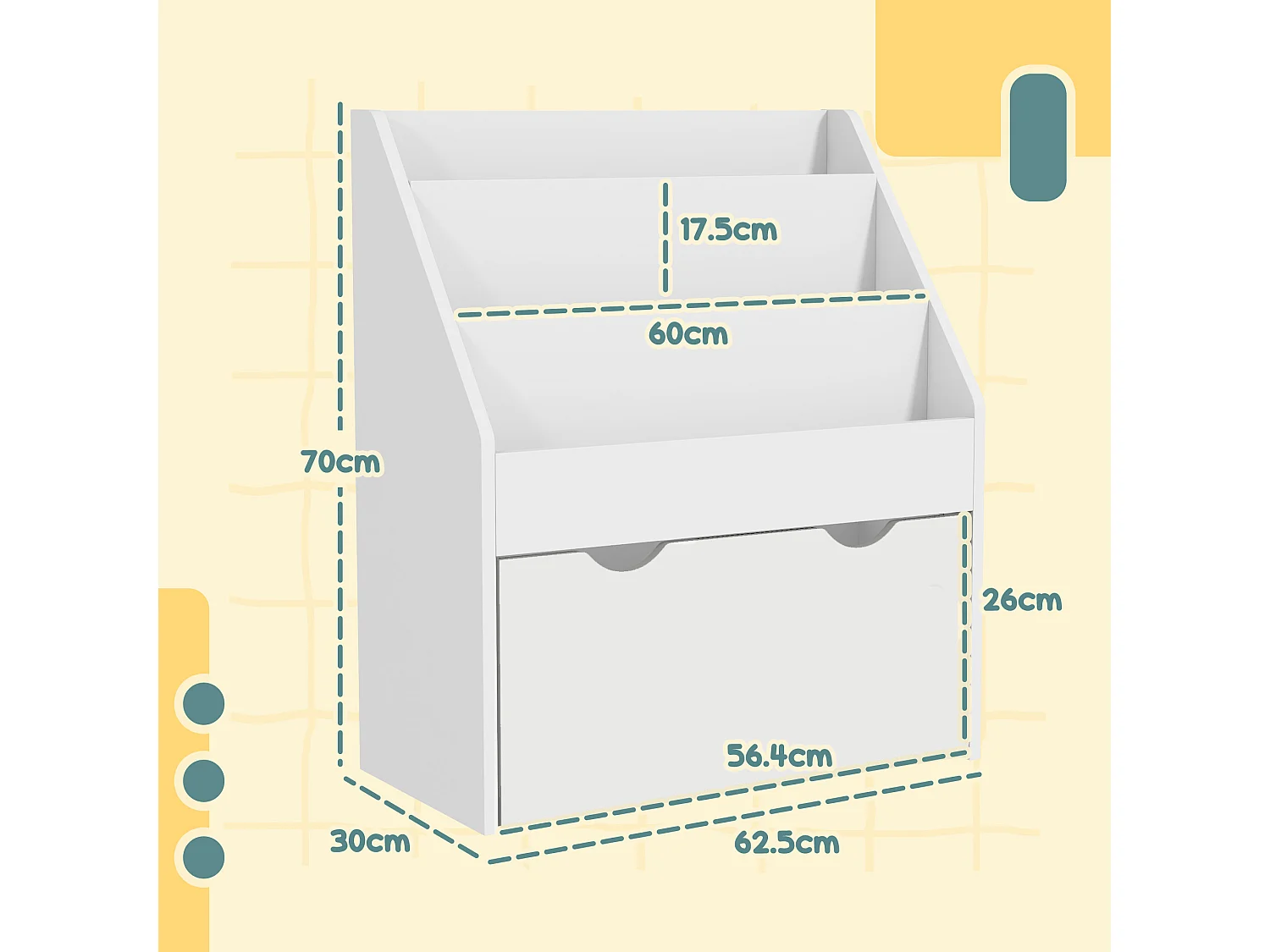 Libreria per bambini a 3 ripiani con cassetto inferiore in mdf bianco
