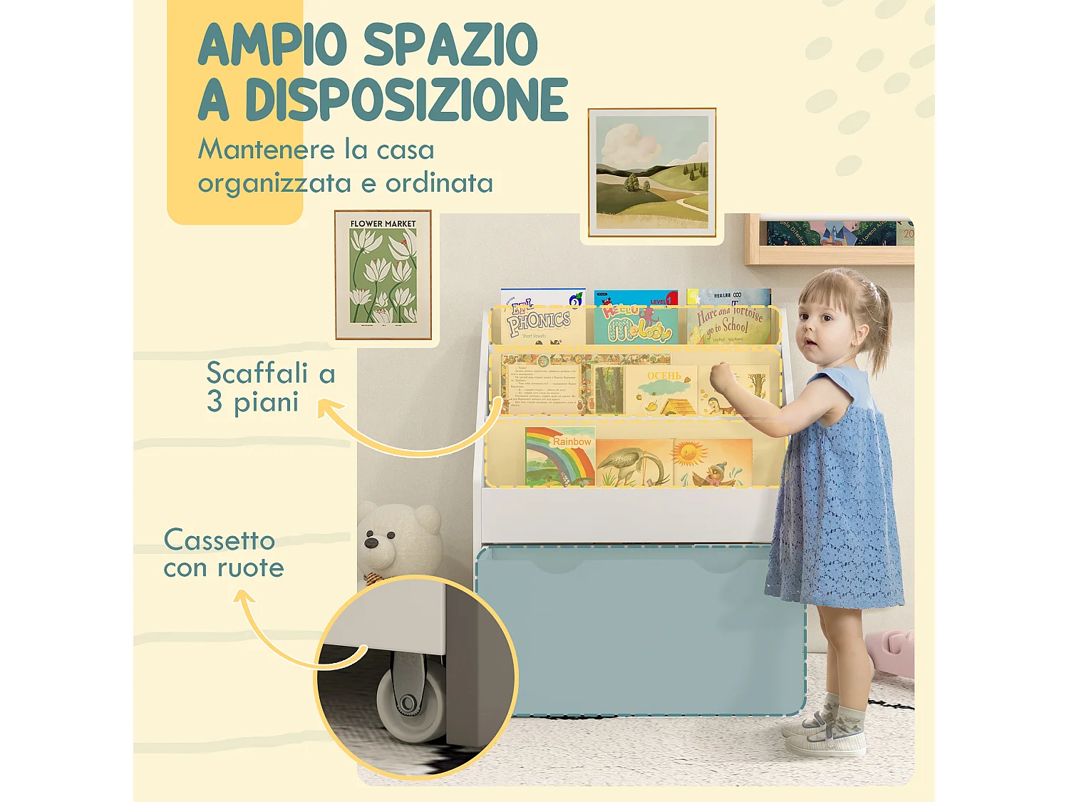 Libreria per bambini a 3 ripiani con cassetto inferiore in mdf bianco