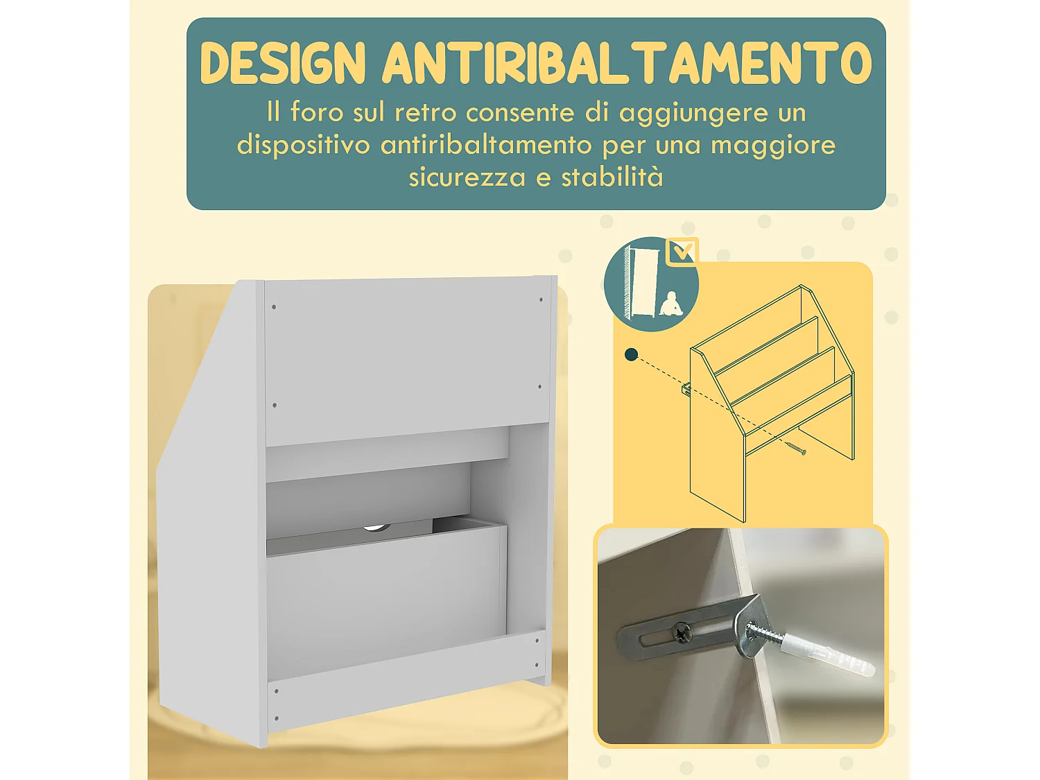Libreria per bambini a 3 ripiani con cassetto inferiore in mdf bianco