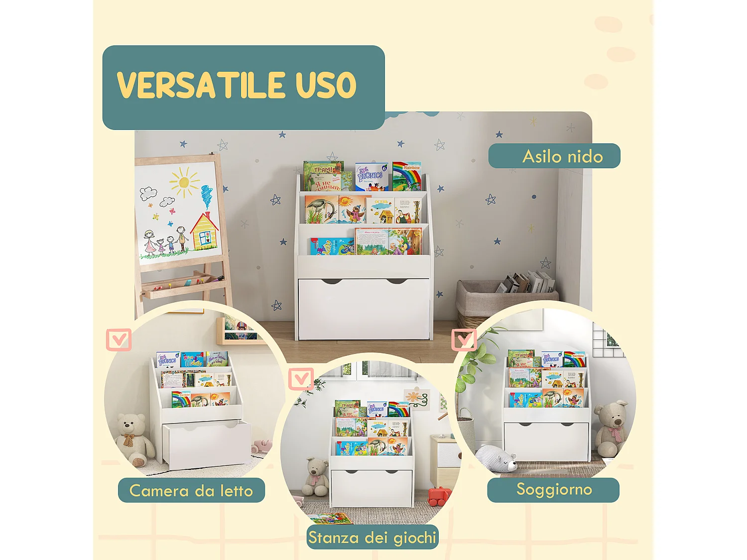 Libreria per bambini a 3 ripiani con cassetto inferiore in mdf bianco