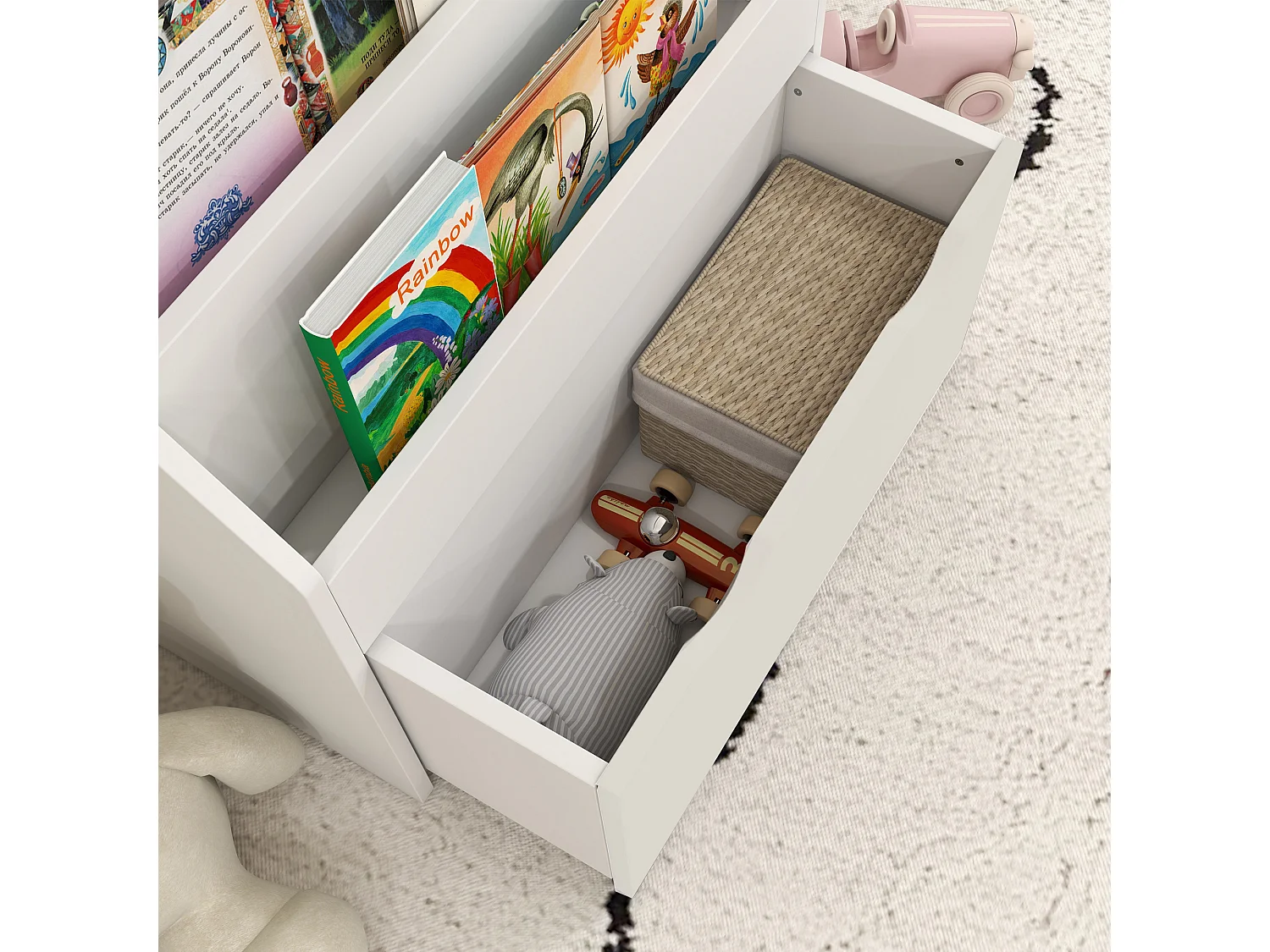 Libreria per bambini a 3 ripiani con cassetto inferiore in mdf bianco