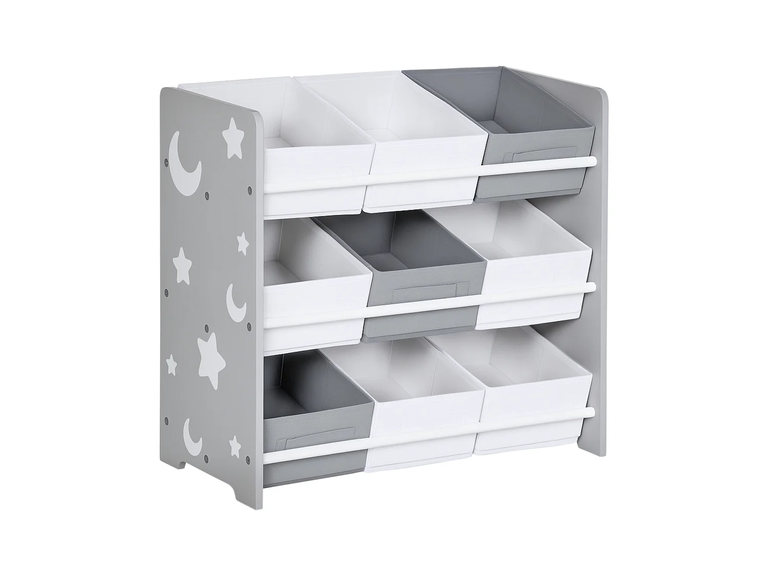 Mobiletto portagiochi con 9 cestini in legno mdf e tessuto