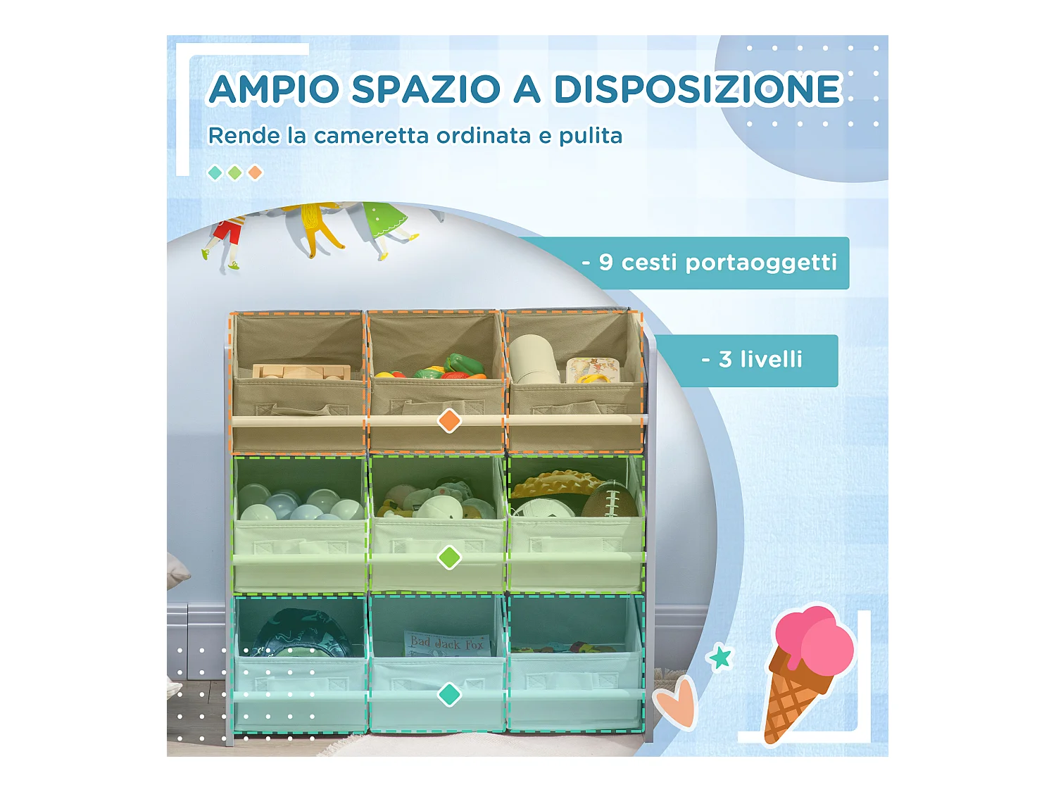 Mobiletto portagiochi con 9 cestini in legno mdf e tessuto