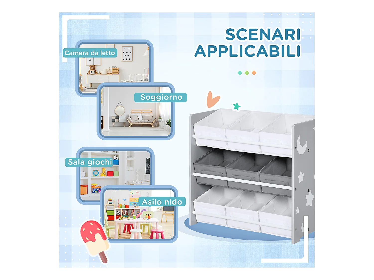 Mobiletto portagiochi con 9 cestini in legno mdf e tessuto