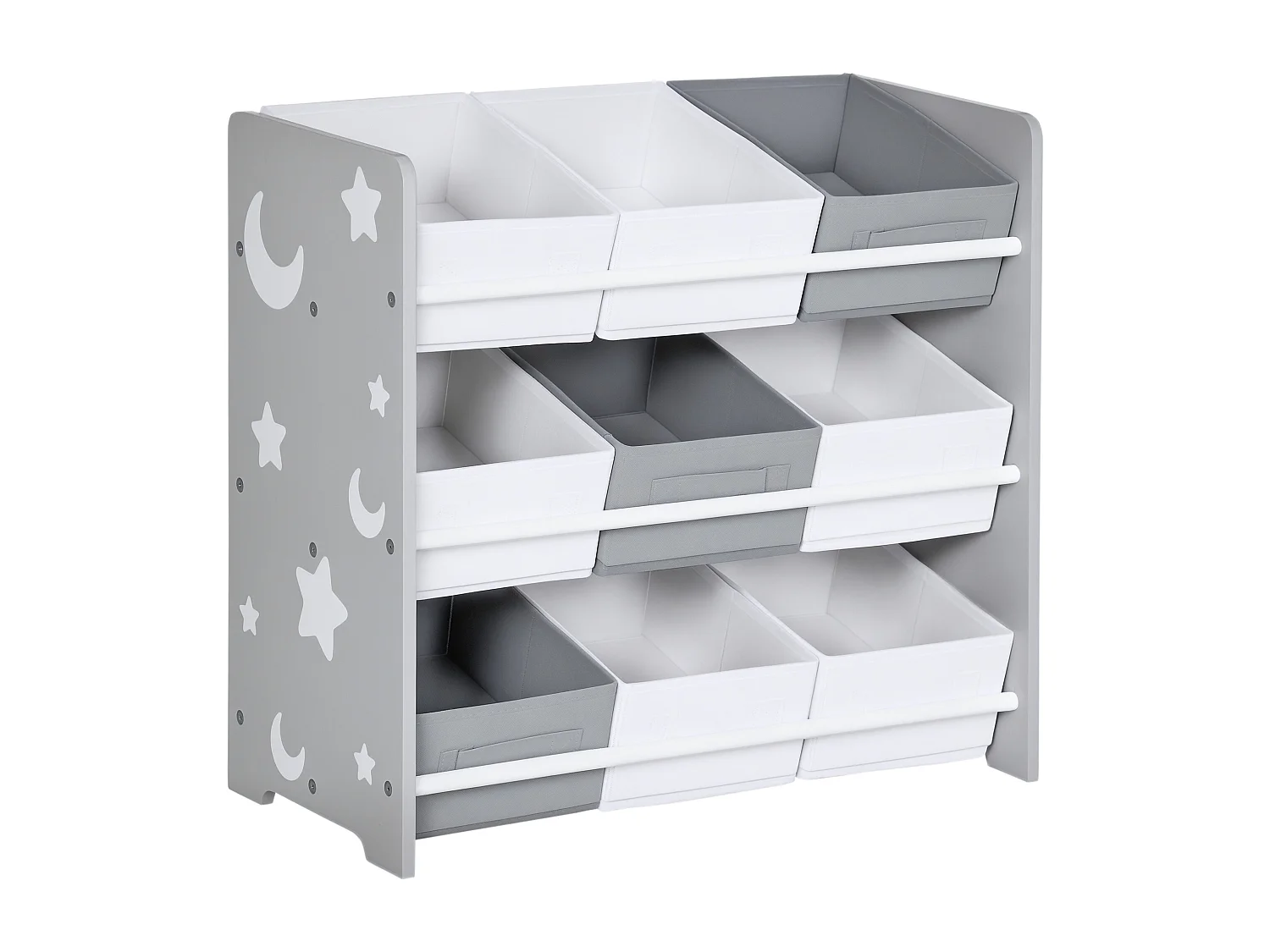 Mobiletto portagiochi con 9 cestini in legno mdf e tessuto