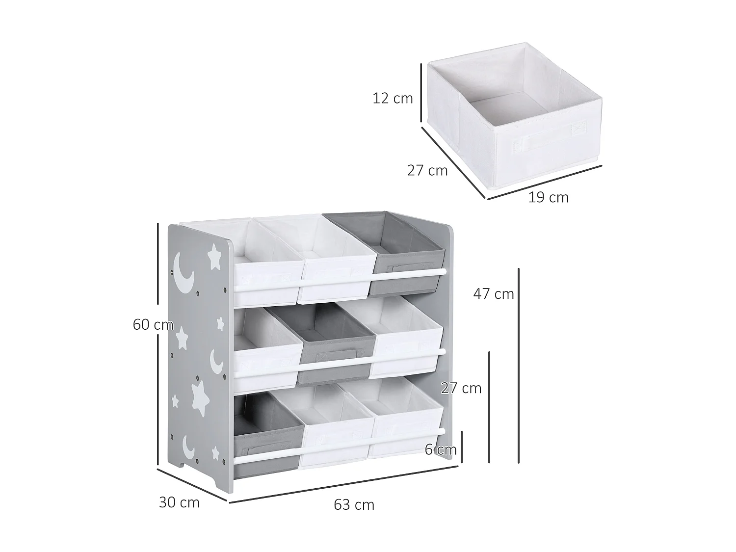 Mobiletto portagiochi con 9 cestini in legno mdf e tessuto